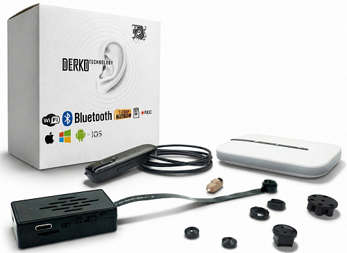 Wi-Fi микрокамера G100 2MP Full HD и 4G WiFi роутер LTE M8-E с Bluetooth-гарнитурой Profit BT02 и микронаушником Gold 10 мм